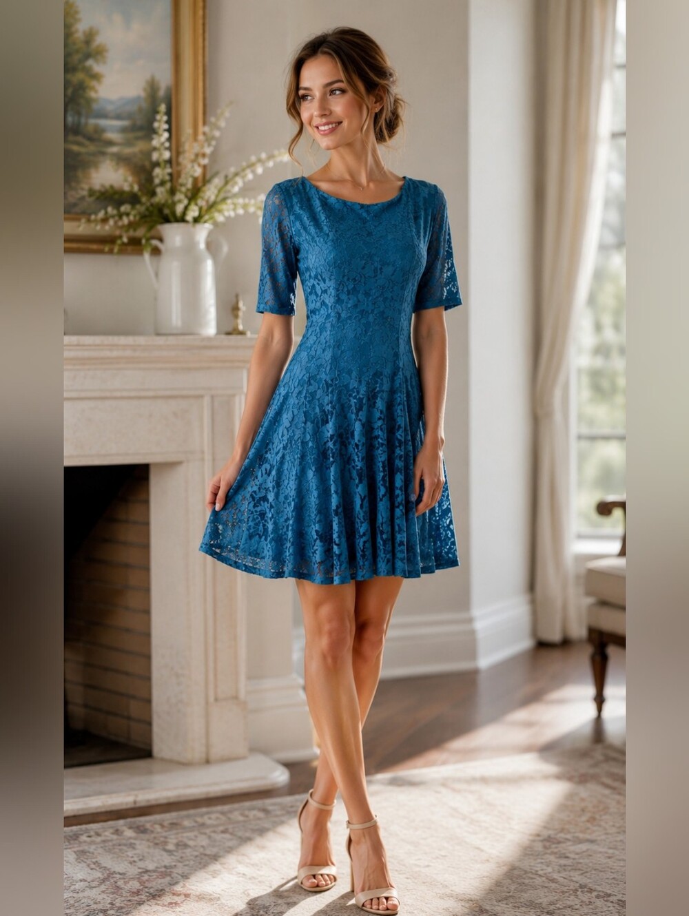 Danny & Nicole Teal Blue Lace Fit & Flare Dress Size 6 Knee Length Elegant